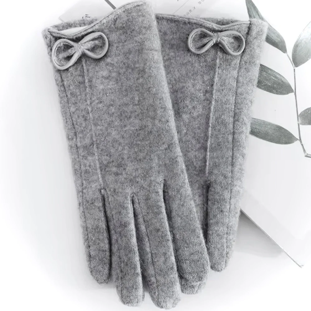 Luxury Cashmere Merino Wool Gloves Classic Grey Driving Winter mittens with bow